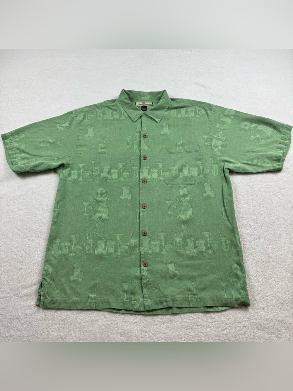 VTG Tommy Bahama relax Hawaiian camp silk shirt men’s L green 3D Bahama colada